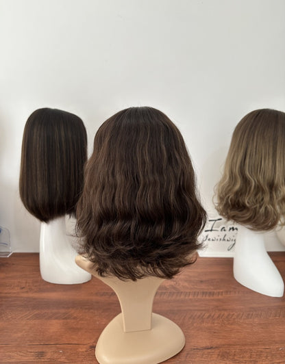 Natural Color With Highlights 12inch Wavy Slight Layer HD Lace Top Wig