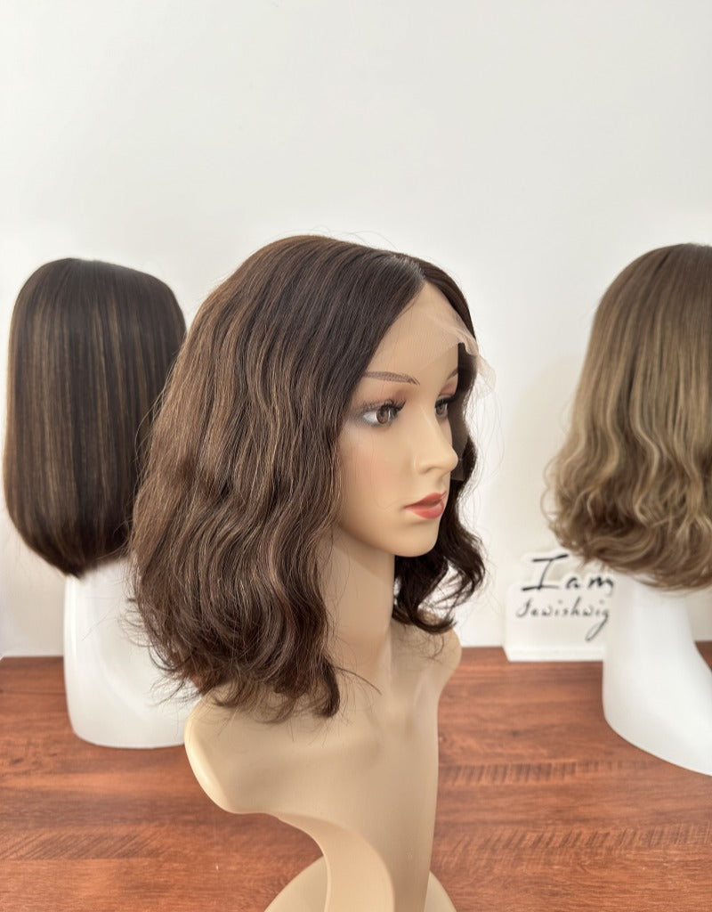 Natural Color With Highlights 12inch Wavy Slight Layer HD Lace Top Wig