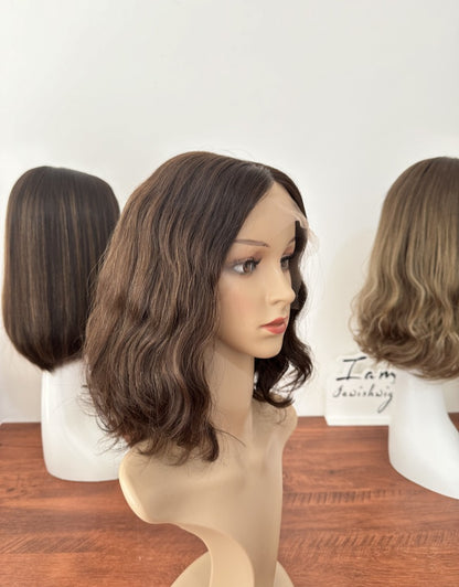 Natural Color With Highlights 12inch Wavy Slight Layer HD Lace Top Wig