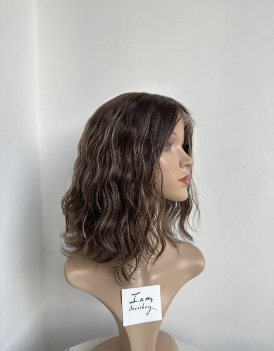 #6/12with Highlight Wavy 14inch Slight Layer HD Lace Top Wig