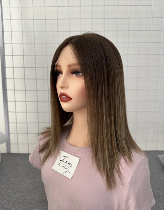 Lace Top Wig 14inches Medium Brown Slight Layer Natural Straight Hair