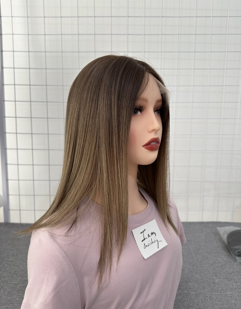 Lace Top Wig 14inches Medium Brown Slight Layer Natural Straight Hair