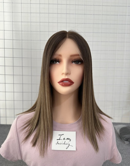 Lace Top Wig 14inches Medium Brown Slight Layer Natural Straight Hair
