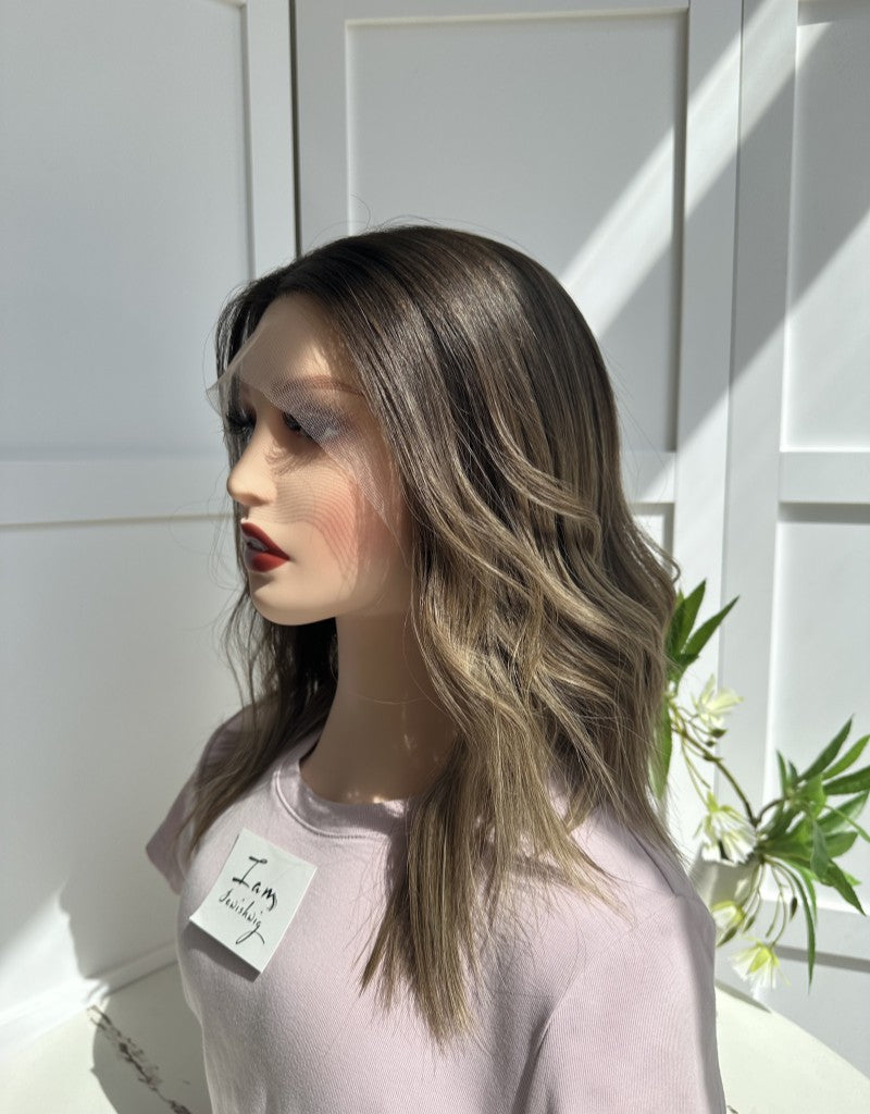 Lace Top Wig 14inches Medium Brown Slight Layer Natural Straight Hair