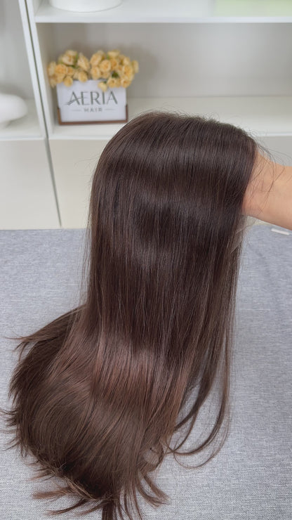 20inch Slight Layer Original Color #8 Straight Russian Hair Lace Top Wig Sheitel
