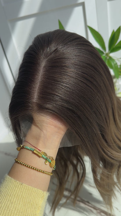 Lace Top Wig 14inches Medium Brown Slight Layer Natural Straight Hair