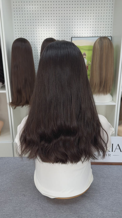 16-inch Color #6 Virgin Russian Hair Hatfall Sheitel Wig-No Layer,Natural Wave