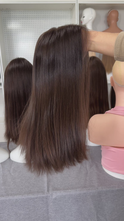 18inch Slight Layer Original Color #6 Straight Russian Hair Lace Top Wig Sheitel