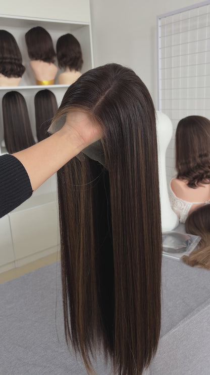 26 inch Slight Layer Color #4 add Highlight Straight Brazilian Hair Lace Top Jewish Wig Sheitel