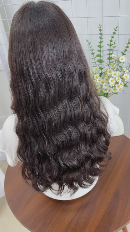 22 inch Color #4 Natural Curly Brazilian Hair Lace Top Orthodox Jewish Wig Sheitel