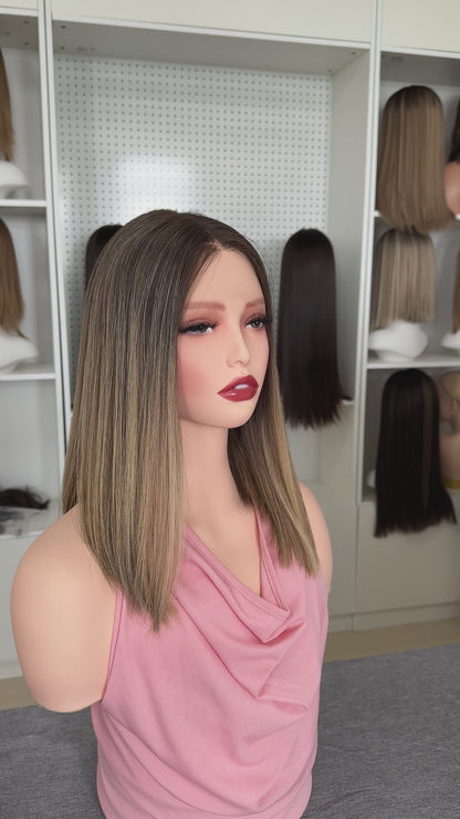 14 inch No Layer Color #B24 Straight Brazilian Hair Lace Top Wig Jewish Kosher Wig Sheitel