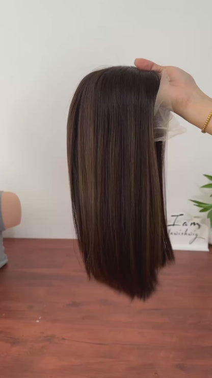 Natural Color With Highlight 16inch Slight Layer HD Lace Top Wig