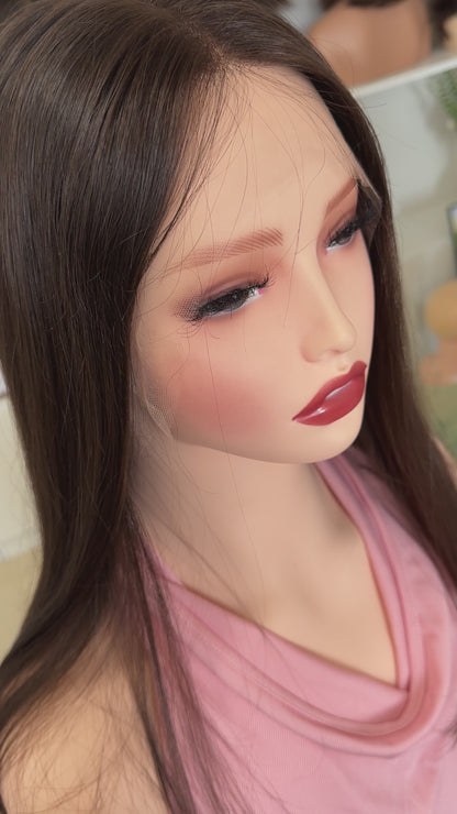 18inch Slight Layer Original Color #6 Straight Russian Hair Lace Top Wig Sheitel
