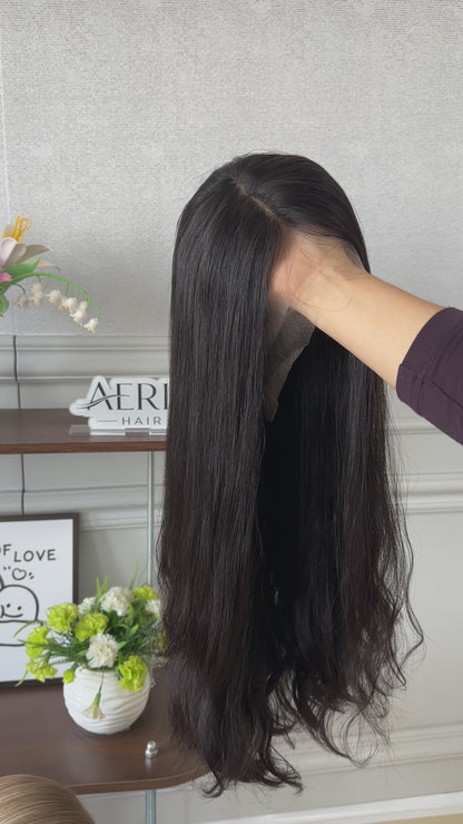 24 inch Slight Layer Color #1B Natural Wave Brazilian Hair Lace Top Jewish Wig Sheitel