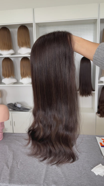 22 inch No Layer Color #46 add Highlight Brazilian Hair Lace Top Orthodox Jewish Wig Sheitel