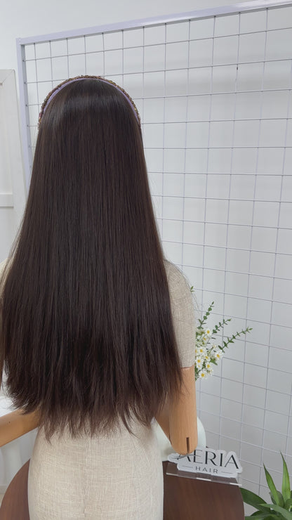 24 inch Slight Layer Original Color #6 Straight Russian Hair Jewish Bandfall Wig Sheitel Kosher Wigs