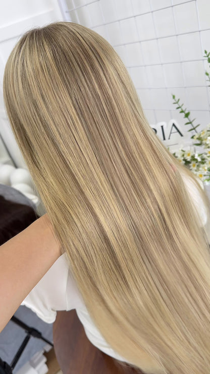 22 inch Slight Layer Brazilian Hair Straight Blonde Color #A64 Lace Top Jewish Wig Sheitel