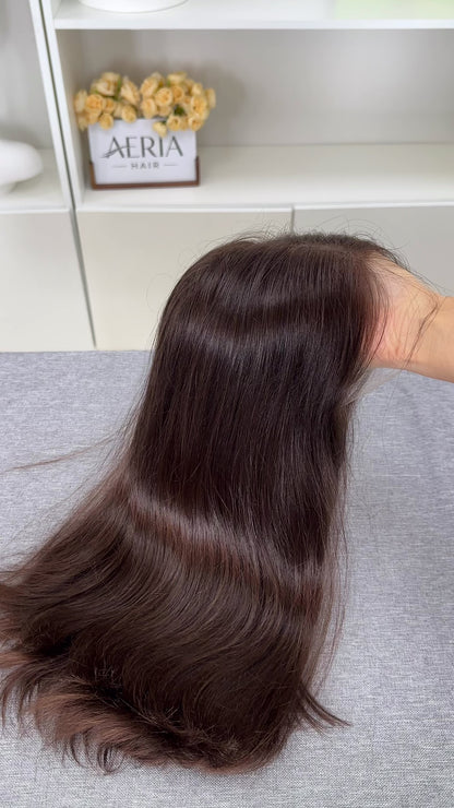 18inch Slight Layer Original Color #6 Straight Russian Hair Lace Top Wig Sheitel