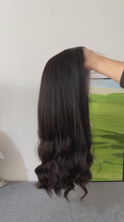 22inch Slight Layer Natural Wavy Color #2 Brazilian Hair Lace Front Bandfall Wig Sheitel
