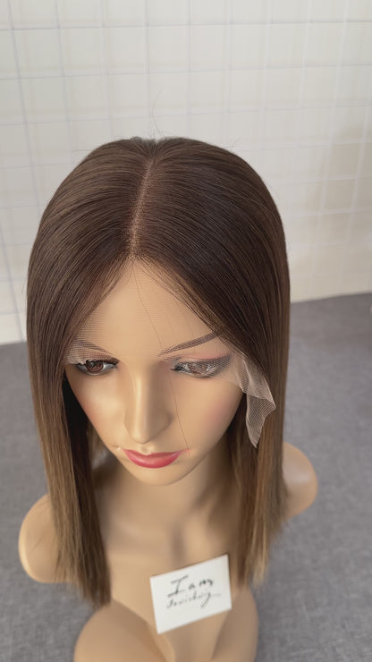 Lace Top Wig 14inches Medium Brown Slight Layer Natural Straight Hair