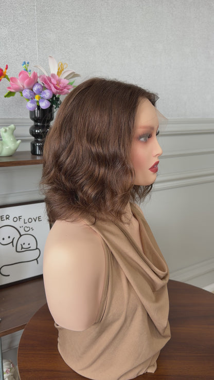 13inch Short Bob Color #8 Natural Wavy Slight Layer Russian Hair Lace Top Wig