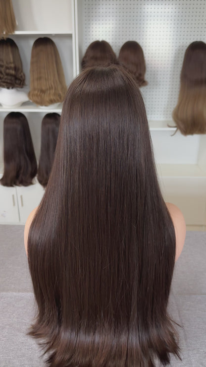 26inch Natural Straight Slight Layer Original Color #6 Russian Hair Lace Top Wig Sheitel