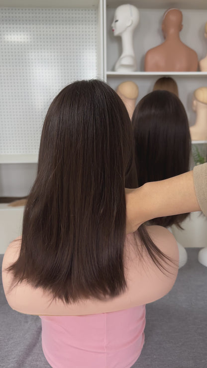 16inch Straight Slight Layer Original Color #6 Russian Hair Lace Top Wig Sheitel