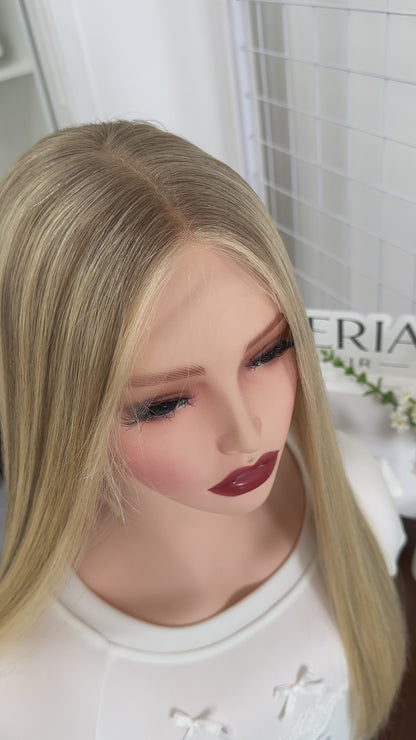 22 inch Slight Layer Brazilian Hair Straight Blonde Color #A64 Lace Top Jewish Wig Sheitel