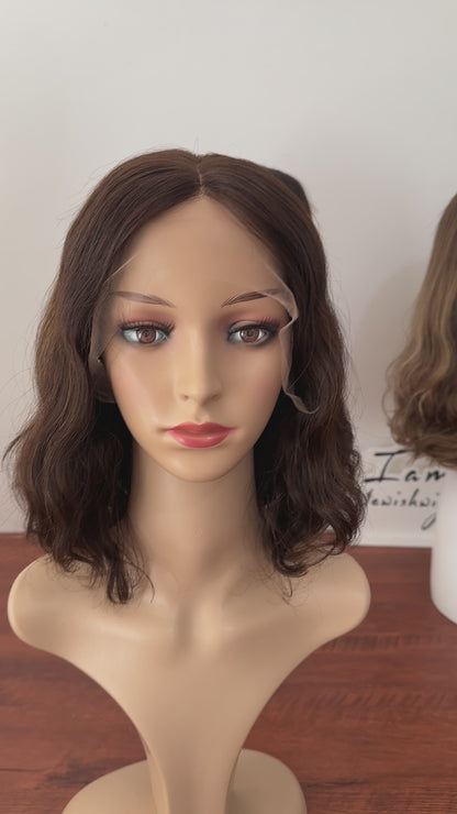 Natural Color With Highlights 12inch Wavy Slight Layer HD Lace Top Wig