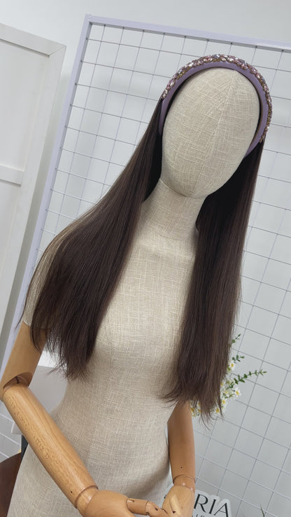 24 inch Slight Layer Original Color #6 Straight Russian Hair Jewish Bandfall Wig Sheitel Kosher Wigs