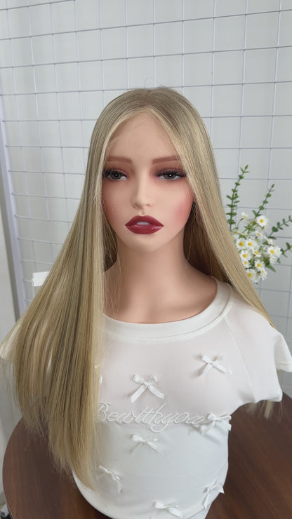 22 inch Slight Layer Brazilian Hair Straight Blonde Color #A64 Lace Top Jewish Wig Sheitel
