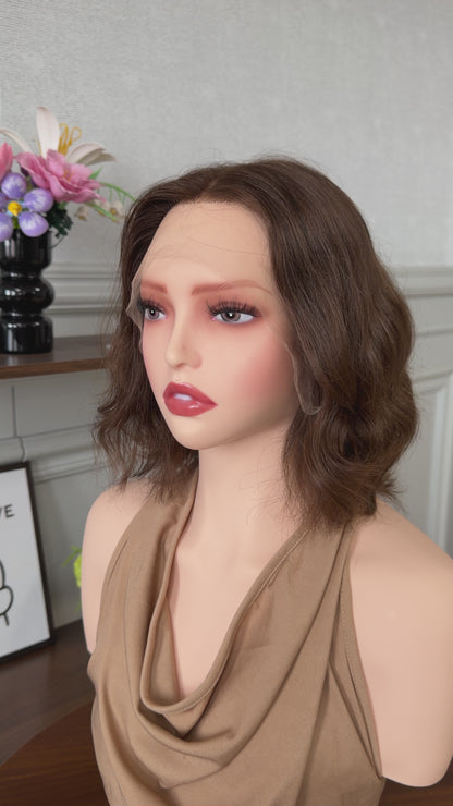 13inch Short Bob Color #8 Natural Wavy Slight Layer Russian Hair Lace Top Wig