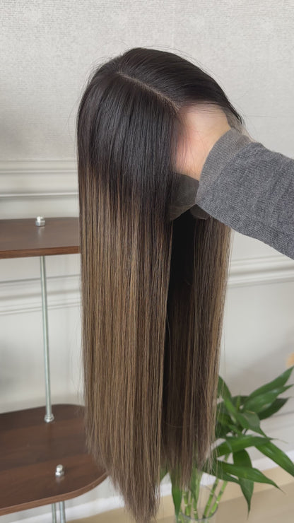 22 inch Slight Layer Highlight Color Straight Brazilian Hair Lace Top Orthodox Jewish Wig Sheitel
