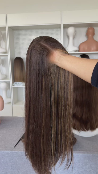 24inch Slight Layer Original Color #6 add Blonde Baby Hair Straight Russian Hair Lace Top Wig Sheitel