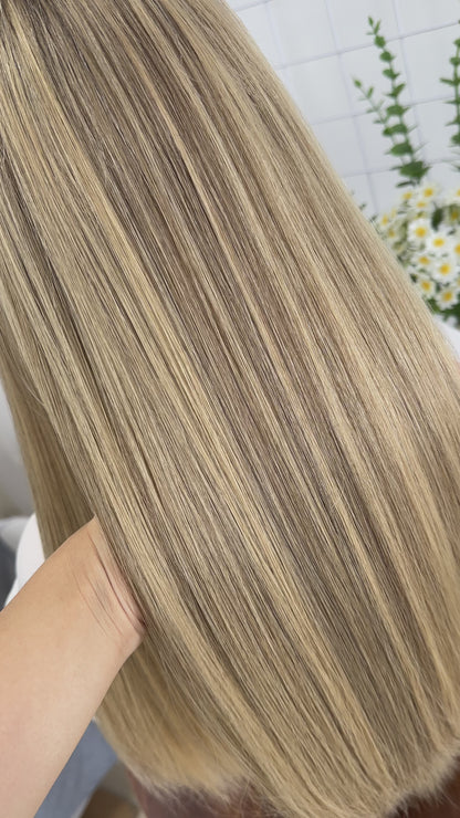 22 inch Slight Layer Brazilian Hair Straight Blonde Color #A64 Lace Top Jewish Wig Sheitel