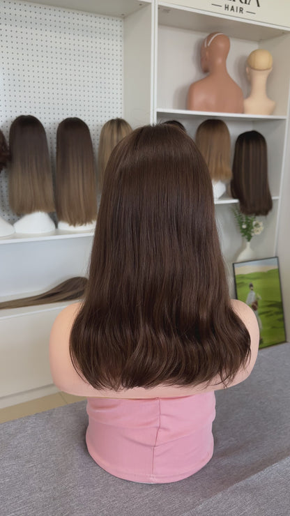 18inch Slight Layer Original Color #8 Natural Straight Russian Hair Lace Top Wig Sheitel