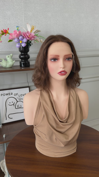 13inch Short Bob Color #8 Natural Wavy Slight Layer Russian Hair Lace Top Wig