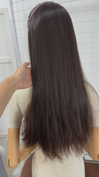 24 inch Slight Layer Original Color #6 Straight Russian Hair Jewish Bandfall Wig Sheitel Kosher Wigs