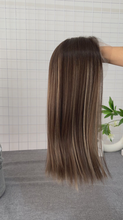 #CW-1Lace Top Wig 18inch No Layer Natural Color With Highlights