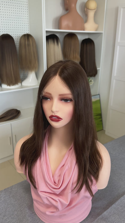 18inch Slight Layer Original Color #8 Natural Straight Russian Hair Lace Top Wig Sheitel