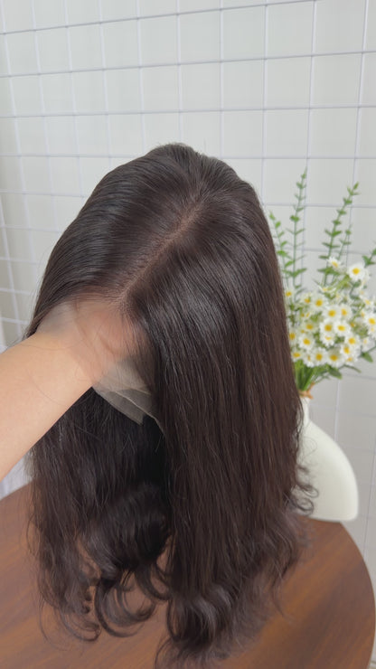 16 inch No Layer Color #4 Brazilian Hair Natural Wavy Lace Top Jewish Kosher Wigs Sheitel