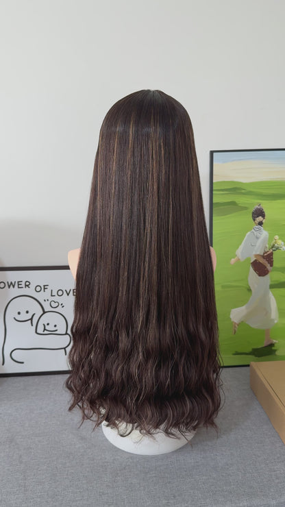 26inch Brazilian Hair Natural Wave No Layer Color #4 with Color #8 Highlight Silk Top Wig Sheitel