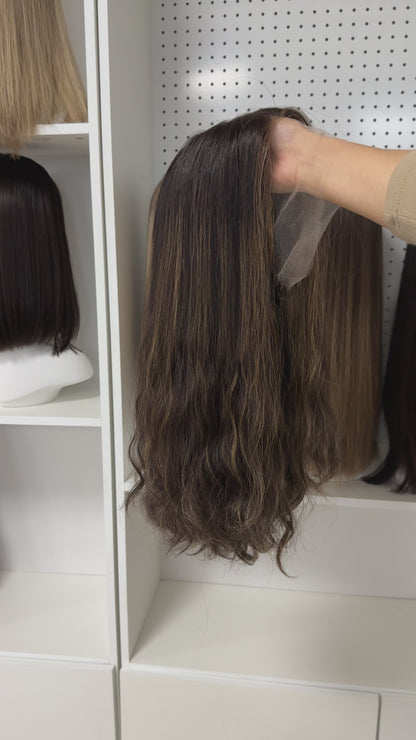20 inch Slight Layer Highlight Color Natural Wavy Brazilian Hair Lace Top Kosher Wig Sheitel